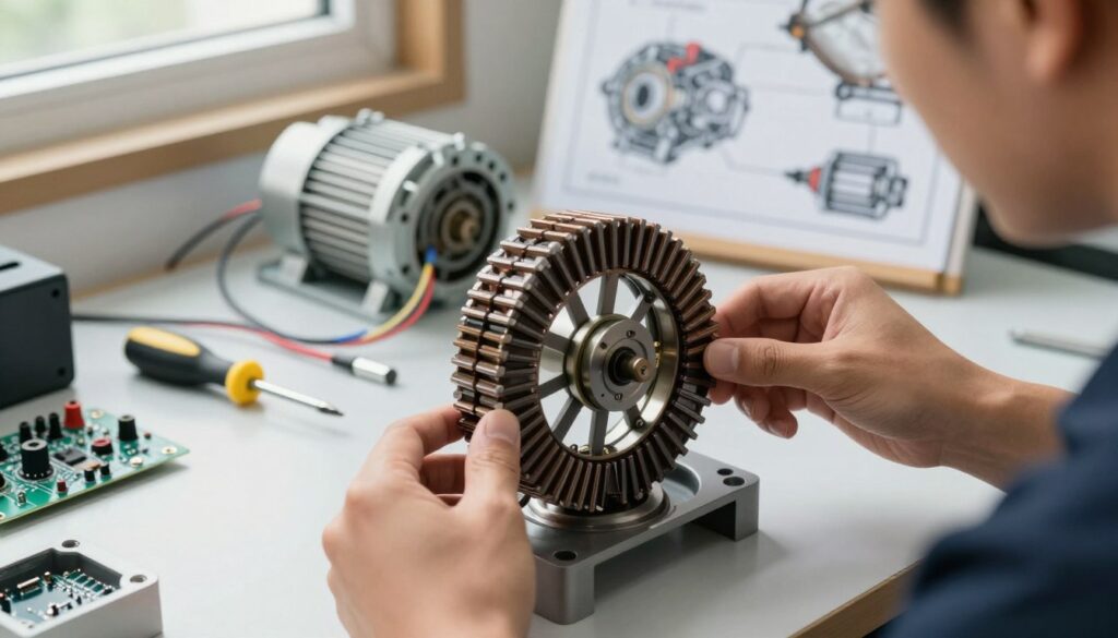 A detailed illustration of an electric motor rotor assembly process, featuring a close-up view of a technician's hands assembling the rotor components. The foreground captures the intricate parts, such as the rotor, stator, and power supply connections, with high precision. In the middle ground, include tools like a screwdriver, wires, and a circuit board, well-organized for easy access. The background shows a clean workshop environment with workbenches and technical diagrams of motor mechanics, softly illuminated by natural light filtering through a window. The camera angle is slightly above eye level, conveying a sense of professionalism and focus. The overall atmosphere is technical, educational, and engaging, designed to illustrate the assembly instructions clearly and effectively. A detailed illustration of an electric motor rotor assembly process, featuring a close-up view of a technician's hands assembling the rotor components. The foreground captures the intricate parts, such as the rotor, stator, and power supply connections, with high precision. In the middle ground, include tools like a screwdriver, wires, and a circuit board, well-organized for easy access. The background shows a clean workshop environment with workbenches and technical diagrams of motor mechanics, softly illuminated by natural light filtering through a window. The camera angle is slightly above eye level, conveying a sense of professionalism and focus. The overall atmosphere is technical, educational, and engaging, designed to illustrate the assembly instructions clearly and effectively.