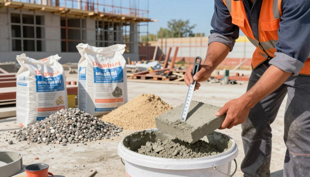 A detailed illustration of concrete mix parameters, focusing on a close-up view of a construction worker in professional attire, analyzing a concrete sample on a construction site. The foreground features the worker holding a measuring tool, with a bucket of concrete mix beside them, showcasing the texture and consistency. In the middle ground, display construction materials such as gravel, sand, and cement bags labeled with grades and specifications. The background should feature a partially constructed building with scaffolding and tools scattered around, under a clear blue sky. Soft sunlight casts natural shadows, enhancing the details of the materials. The overall mood is informative and industrious, emphasizing the technical aspects of concrete mixing. A detailed illustration of concrete mix parameters, focusing on a close-up view of a construction worker in professional attire, analyzing a concrete sample on a construction site. The foreground features the worker holding a measuring tool, with a bucket of concrete mix beside them, showcasing the texture and consistency. In the middle ground, display construction materials such as gravel, sand, and cement bags labeled with grades and specifications. The background should feature a partially constructed building with scaffolding and tools scattered around, under a clear blue sky. Soft sunlight casts natural shadows, enhancing the details of the materials. The overall mood is informative and industrious, emphasizing the technical aspects of concrete mixing.