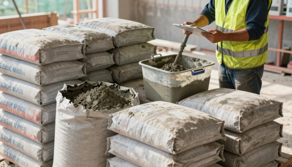 A detailed illustration showcasing a variety of concrete bags neatly stacked on a construction site. In the foreground, focus on several opened sacks of concrete mix, with the powder spilling slightly to suggest freshness. The middle layer shows a measuring container partially filled with mixed concrete, highlighting texture and granularity. In the background, depict a construction worker in professional attire (safety vest and hard hat) measuring and calculating the amount needed while referring to a clipboard. Soft, natural daylight filters through, casting gentle shadows, creating a realistic and industrious atmosphere. The angle should be slightly elevated to capture the scene's depth, encouraging a sense of practicality and clarity in the concrete mixing process.