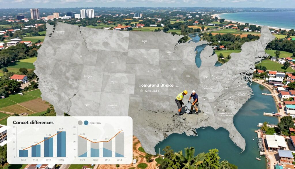 A detailed infographic illustrating the regional pricing differences of concrete, showing various areas on a stylized map. In the foreground, display graphs and charts with fluctuating price trends for concrete, symbolizing seasonal variations. The middle ground features a construction site with workers in professional attire, carefully pouring concrete into forms. The background depicts a panoramic view of different landscapes, such as urban, rural, and coastal areas, to emphasize regional diversity. Use bright, natural lighting to create an informative yet inviting atmosphere. Employ an aerial perspective to capture a comprehensive view of the construction site and the surrounding regions, conveying a sense of scale and industry.
