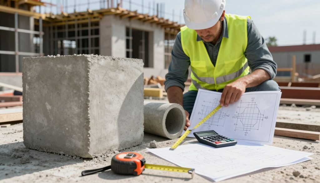 A detailed scene depicting the calculation of concrete volume, focusing on geometric shapes and measurements. In the foreground, a large concrete cube and cylindrical form lie on a construction site, with measuring tools like tape measures and calculators nearby. In the middle, a construction worker in a hard hat and safety vest takes precise measurements, surrounded by blueprints displaying geometric formulas for calculating volume. The background features a partially constructed building with scaffolding and clear skies, emphasizing a productive work atmosphere. The lighting is bright and natural, casting soft shadows to create a sense of depth. The angle is slightly elevated to capture the worker's concentration and the tools in action, illustrating the process of estimating concrete needs effectively. A detailed scene depicting the calculation of concrete volume, focusing on geometric shapes and measurements. In the foreground, a large concrete cube and cylindrical form lie on a construction site, with measuring tools like tape measures and calculators nearby. In the middle, a construction worker in a hard hat and safety vest takes precise measurements, surrounded by blueprints displaying geometric formulas for calculating volume. The background features a partially constructed building with scaffolding and clear skies, emphasizing a productive work atmosphere. The lighting is bright and natural, casting soft shadows to create a sense of depth. The angle is slightly elevated to capture the worker's concentration and the tools in action, illustrating the process of estimating concrete needs effectively.
