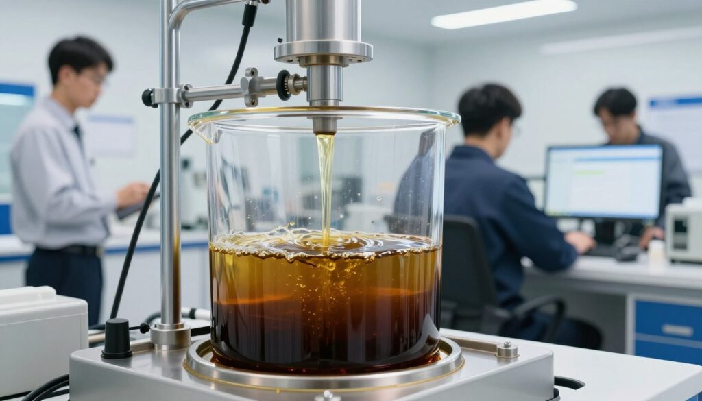 A detailed scene depicting the regeneration of used motor oil. In the foreground, showcase a large, clear filtration unit with layers of oil being filtered, highlighting the contrast between dirty, dark oil and the clean, golden oil emerging. In the middle ground, illustrate technicians in professional business attire working meticulously, using modern equipment and monitors displaying data related to the regeneration process. The background features a bright, clean, industrial setting with soft white and blue lighting, emphasizing a sense of innovation and cleanliness. The atmosphere should evoke a feeling of efficiency and environmental consciousness, illustrating the importance of recycling and reusing motor oil effectively. Avoid any characters or items that distract from the technical focus of the scene. A detailed scene depicting the regeneration of used motor oil. In the foreground, showcase a large, clear filtration unit with layers of oil being filtered, highlighting the contrast between dirty, dark oil and the clean, golden oil emerging. In the middle ground, illustrate technicians in professional business attire working meticulously, using modern equipment and monitors displaying data related to the regeneration process. The background features a bright, clean, industrial setting with soft white and blue lighting, emphasizing a sense of innovation and cleanliness. The atmosphere should evoke a feeling of efficiency and environmental consciousness, illustrating the importance of recycling and reusing motor oil effectively. Avoid any characters or items that distract from the technical focus of the scene.