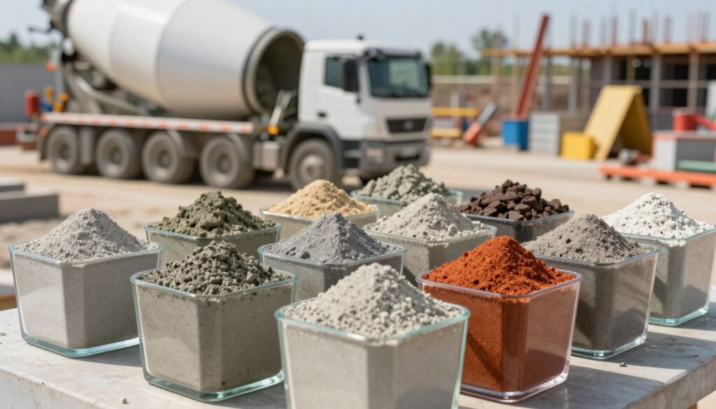 A detailed scene depicting various classes of concrete mixtures, arranged in clear glass containers to showcase texture and color differences. In the foreground, prominently display containers with different concrete samples such as standard, high-strength, and decorative mixes. Each sample should have a unique, vivid hue and texture, demonstrating its composition. In the middle ground, include a construction site backdrop with a concrete mixer truck, partially loaded with fresh concrete, conveying a sense of industry. The background features construction tools and materials under bright, natural lighting, casting soft shadows. Use a shallow depth of field to focus on the concrete mixtures while subtly blurring the background. The overall mood should be professional and informative, ideal for an educational context.
