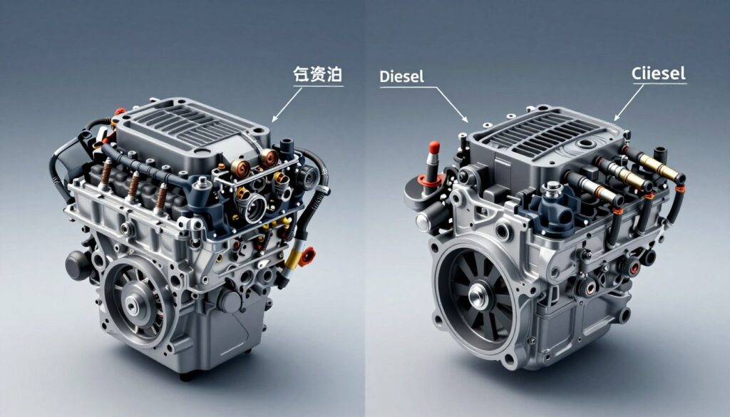 A detailed technical illustration comparing the construction differences between a gasoline engine and a diesel engine. In the foreground, prominently display cutaway views of both engine types, highlighting key components such as pistons, fuel injectors, and combustion chambers. In the middle, include detailed labels and arrows pointing out specific features like the spark plugs in the gasoline engine and the glow plugs in the diesel engine. The background should be a subtle gradient of blue and gray to enhance the technical aspect, with soft lighting to create a sleek, professional atmosphere. Use an isometric perspective to give depth and clarity, ensuring all elements are crisp and well-defined, focusing on a meticulous, educational presentation.