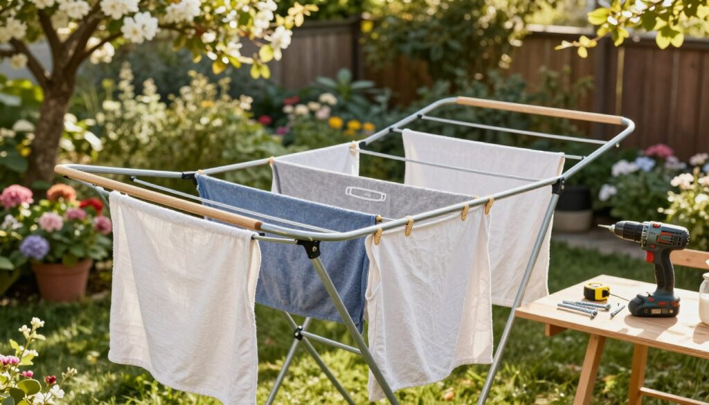 A detailed, vibrant image of a sturdy outdoor laundry drying rack ("suszarka") in a serene garden setting. The foreground features the drying rack made of galvanized steel with wooden crossbars, showcasing freshly laundered clothes flapping in a gentle breeze. In the middle ground, include various materials and tools used in constructing the rack, such as a measuring tape, screws, and a power drill, neatly arranged on a workbench. The background presents a lush garden with blooming flowers and trees, bathed in warm afternoon sunlight that casts soft shadows. Capture this scene with a slightly elevated angle to provide depth, enhancing the tranquil yet productive atmosphere, inviting viewers to envision a DIY project in harmony with nature.