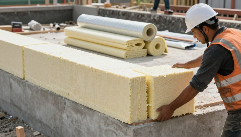 A detailed view of a construction site focused on foundation insulation material installation. In the foreground, a worker in a hard hat and safety vest carefully positions large, dense Styrofoam insulation boards against a concrete foundation wall, ensuring a snug fit. The middle ground features various insulation materials stacked neatly, including rolls of waterproof membranes and additional Styrofoam boards. In the background, the foundation is partially completed with a visible trench and construction tools scattered around. The scene is illuminated by soft, natural daylight, casting gentle shadows to enhance dimensions. The atmosphere conveys professionalism and focus on quality insulation techniques, illustrating the importance of selecting appropriate materials for effective moisture protection. A detailed view of a construction site focused on foundation insulation material installation. In the foreground, a worker in a hard hat and safety vest carefully positions large, dense Styrofoam insulation boards against a concrete foundation wall, ensuring a snug fit. The middle ground features various insulation materials stacked neatly, including rolls of waterproof membranes and additional Styrofoam boards. In the background, the foundation is partially completed with a visible trench and construction tools scattered around. The scene is illuminated by soft, natural daylight, casting gentle shadows to enhance dimensions. The atmosphere conveys professionalism and focus on quality insulation techniques, illustrating the importance of selecting appropriate materials for effective moisture protection.