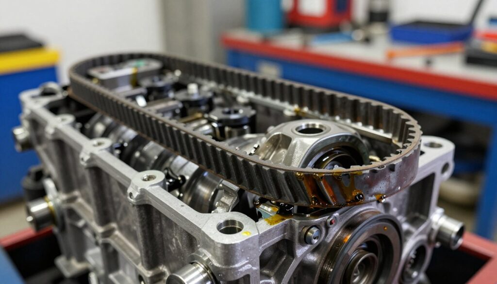 A detailed view of an engine's oil timing belt, showcasing its intricate design and functional components. The foreground captures the timing belt prominently, highlighting its ribbed texture and the surrounding metal parts with an emphasis on oil contamination. In the middle ground, various engine components are visible, slightly blurred to emphasize the belt. The background displays a mechanic's workshop, with tools and equipment subtly out of focus, reinforcing the industrial setting. Soft, natural lighting illuminates the scene, casting gentle shadows to enhance the depth and texture. The atmosphere is technical and informative, underscoring the importance of maintenance and the potential consequences of oil contamination on engine parts. The composition should be sharply focused, with a close-up perspective that invites viewers to explore the details.