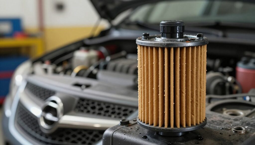 A high-resolution image of an oil filter prominently displayed in the foreground, showcasing its cylindrical shape, intricate grooves, and a mounted cap with detailed engravings. The filter should be slightly angled to highlight its features, with some oil droplets glistening on its surface to demonstrate its function. In the middle ground, a blurred view of an Opel Corsa engine bay can be seen, emphasizing the context of the subject. The background should be softly illuminated, with a warm workshop atmosphere, featuring tools and parts subtly in focus. The scene should convey a sense of professionalism and precision, ideal for conveying the importance of oil filters in engine lubrication. Use soft, natural lighting to enhance the visibility of details without harsh shadows.