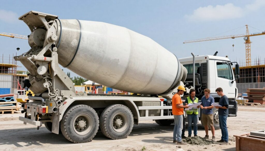 A large concrete mixer truck, commonly known as a "gruszka betonu," parked on a construction site. In the foreground, the truck is prominently displayed with its distinctive rotating drum in focus, showcasing the concrete being mixed inside. In the middle ground, construction workers in professional attire are measuring out various quantities of concrete and discussing their needs. The background features a bustling construction site with cranes, building materials, and partially constructed structures under a bright blue sky. The scene is illuminated by natural daylight, casting soft shadows that enhance the textures of the concrete and machinery. The overall mood is industrious and collaborative, reflecting the importance of proper concrete measurement and delivery in construction projects.