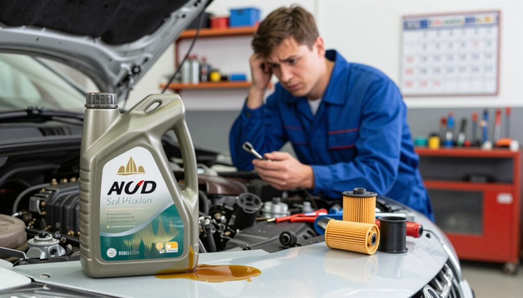 A mechanic in a well-lit garage environment, focused on a car engine during an oil change. In the foreground, a close-up of a spilled container of engine oil, pooling on a clean surface, highlighting common mistakes during oil replacement. The mechanic, dressed in a blue jumpsuit, is examining tools scattered around, showcasing confusion and concern. The middle ground features various oil filters and empty containers. The background reveals shelves with neatly organized automotive tools and a wall calendar. The overall lighting is bright and clear, creating an atmosphere of meticulous attention to detail and professionalism. Use a slightly elevated angle to capture the entire scene, ensuring a sense of depth. A mechanic in a well-lit garage environment, focused on a car engine during an oil change. In the foreground, a close-up of a spilled container of engine oil, pooling on a clean surface, highlighting common mistakes during oil replacement. The mechanic, dressed in a blue jumpsuit, is examining tools scattered around, showcasing confusion and concern. The middle ground features various oil filters and empty containers. The background reveals shelves with neatly organized automotive tools and a wall calendar. The overall lighting is bright and clear, creating an atmosphere of meticulous attention to detail and professionalism. Use a slightly elevated angle to capture the entire scene, ensuring a sense of depth.