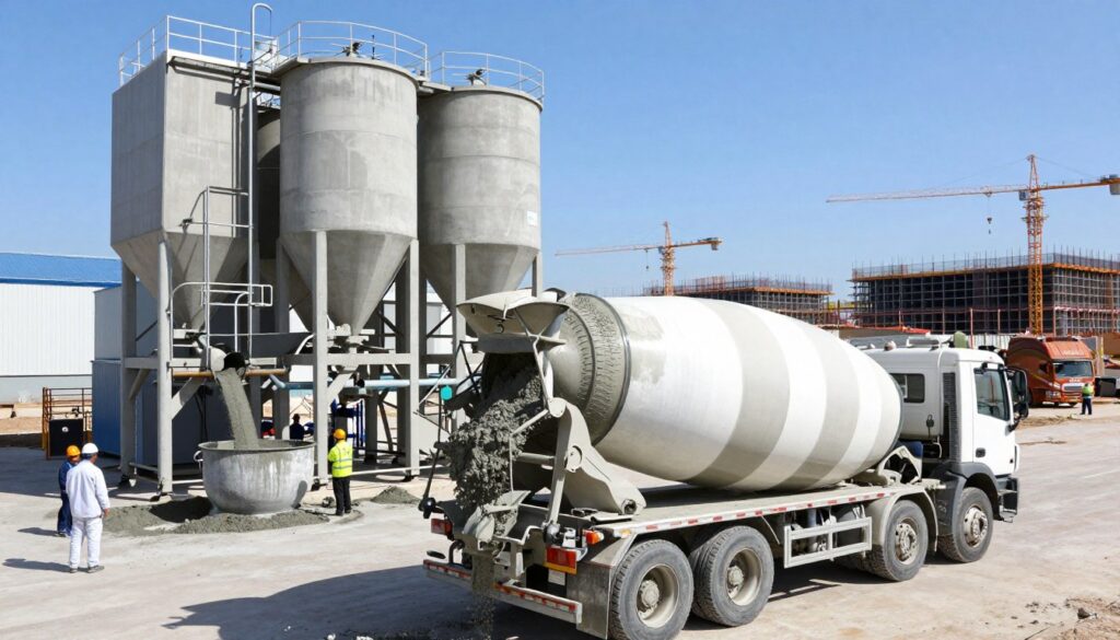 A modern concrete batching plant, showcasing various elements of ready-mixed concrete production. In the foreground, a sleek concrete mixer truck is being loaded with fresh concrete, showcasing the rich, gray texture of the mixture. In the middle ground, the state-of-the-art batching plant is visible, with towering silos, raw materials being poured, and workers in professional attire monitoring the process. The background features a clear blue sky, highlighting a busy construction site with cranes and workers in hard hats. The lighting is bright and natural, casting shadows on the ground, evoking a sense of productivity and professionalism. The atmosphere conveys efficiency and expertise in concrete production, emphasizing the contrast between DIY concrete mixing and ready-mixed options.