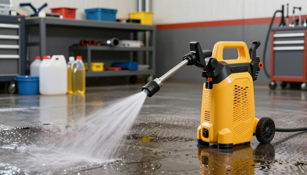 A powerful oil pressure washer in action, showcased as the main subject in the foreground. The nozzle sprays a focused jet of water, effectively removing stubborn oil stains from a textured garage floor, demonstrating its cleaning capability. The middle ground features a well-organized workspace with various cleaning tools and oil containers, enhancing the context of the scene. In the background, industrial garage items such as tool racks and neatly arranged equipment hint at an active cleaning environment. Bright, ambient lighting illuminates the scene, showcasing the vibrant colors of the pressure washer and the glossy sheen of the water spray. The angle is slightly low to emphasize the height and power of the pressure washer, while creating an energetic and motivated atmosphere that emphasizes effective cleaning techniques. A powerful oil pressure washer in action, showcased as the main subject in the foreground. The nozzle sprays a focused jet of water, effectively removing stubborn oil stains from a textured garage floor, demonstrating its cleaning capability. The middle ground features a well-organized workspace with various cleaning tools and oil containers, enhancing the context of the scene. In the background, industrial garage items such as tool racks and neatly arranged equipment hint at an active cleaning environment. Bright, ambient lighting illuminates the scene, showcasing the vibrant colors of the pressure washer and the glossy sheen of the water spray. The angle is slightly low to emphasize the height and power of the pressure washer, while creating an energetic and motivated atmosphere that emphasizes effective cleaning techniques.