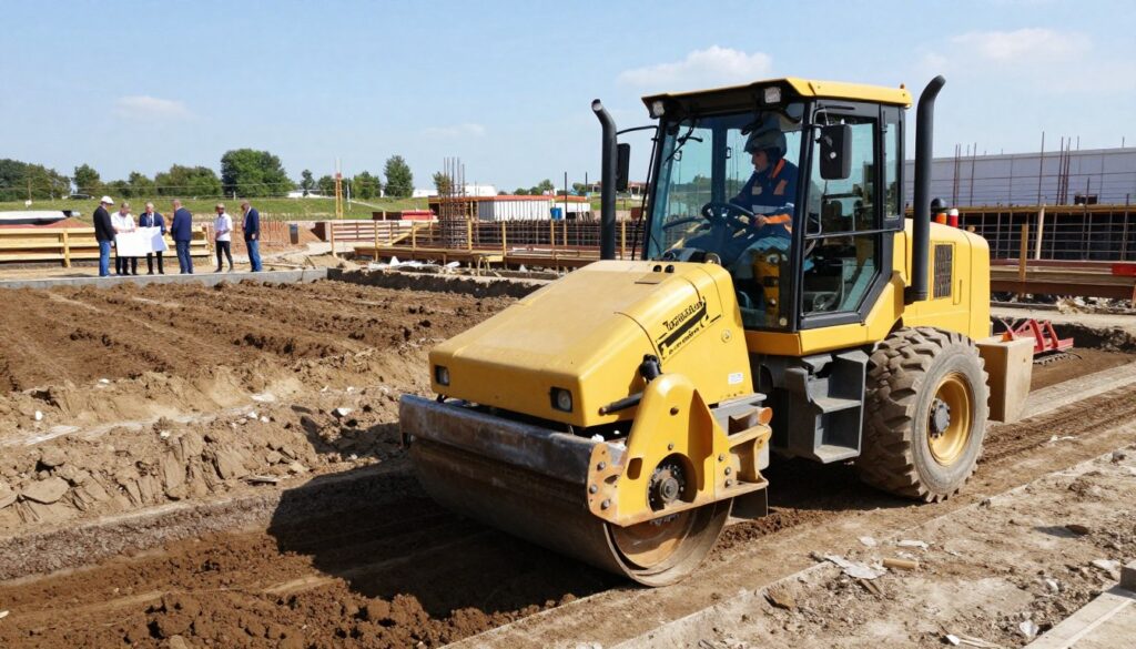 A professional construction site showcasing a soil compactor, known as "zagęszczarka gruntu," hard at work on a foundation project. In the foreground, focus on a robust, yellow machine with large, heavy pads, applying force to compact the soil beneath. The operator, dressed in a helmet and safety gear, is skillfully maneuvering the compactor. In the middle ground, display uneven terrain with different types of soil, illustrating the variety of ground specifications. The background features a construction site with foundation forms, workers in business attire discussing plans, and a clear blue sky. Use natural daylight for a realistic atmosphere, capturing the contrasts between the machinery and the natural landscape, with a slight wide-angle lens effect to emphasize the scale of the operations. A professional construction site showcasing a soil compactor, known as "zagęszczarka gruntu," hard at work on a foundation project. In the foreground, focus on a robust, yellow machine with large, heavy pads, applying force to compact the soil beneath. The operator, dressed in a helmet and safety gear, is skillfully maneuvering the compactor. In the middle ground, display uneven terrain with different types of soil, illustrating the variety of ground specifications. The background features a construction site with foundation forms, workers in business attire discussing plans, and a clear blue sky. Use natural daylight for a realistic atmosphere, capturing the contrasts between the machinery and the natural landscape, with a slight wide-angle lens effect to emphasize the scale of the operations.