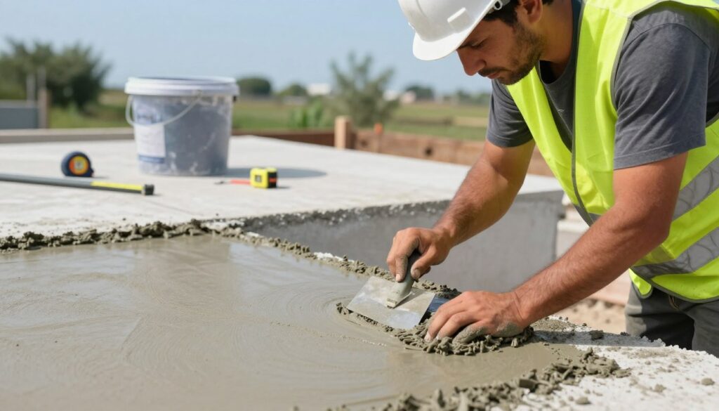 A professional construction worker in a safety vest and hard hat is applying concrete repair mortar to an outdoor surface with a trowel, focused on creating a smooth finish. The foreground features the worker's hands skillfully manipulating the mixture, while the middle ground shows a partially repaired concrete slab surrounded by tools like a mixing bucket and measuring tape. In the background, there is a clear blue sky and patches of greenery, suggesting a vibrant, outdoor environment. Soft natural lighting emphasizes the textures of the concrete and the worker's precision. The atmosphere is industrious and focused, capturing the essence of skilled craftsmanship in concrete repair techniques. A professional construction worker in a safety vest and hard hat is applying concrete repair mortar to an outdoor surface with a trowel, focused on creating a smooth finish. The foreground features the worker's hands skillfully manipulating the mixture, while the middle ground shows a partially repaired concrete slab surrounded by tools like a mixing bucket and measuring tape. In the background, there is a clear blue sky and patches of greenery, suggesting a vibrant, outdoor environment. Soft natural lighting emphasizes the textures of the concrete and the worker's precision. The atmosphere is industrious and focused, capturing the essence of skilled craftsmanship in concrete repair techniques.