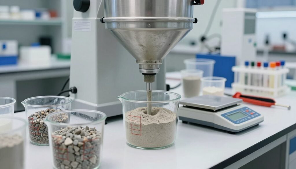 A professional laboratory setting focused on concrete mix performance, showcasing a close-up of a concrete mixer blending various ingredients with precision. In the foreground, a clear glass measuring container filled with different concrete components—gravel, sand, cement—demonstrating texture and variety. In the middle, a white lab table with scientific equipment like measuring cups and a digital scale, suggesting meticulous calculations. The background features shelves stocked with test samples and tools, with soft, ambient lighting enhancing the professionalism of the space. A shallow depth of field emphasizes the foreground materials while maintaining a blurred view of the background, creating a focused yet dynamic composition that conveys the importance of accuracy in concrete mix performance.