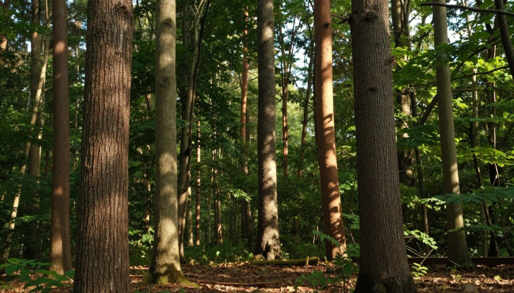 A serene forest scene depicting a variety of tree barks, highlighting textures and colors. In the foreground, close-up views of several types of tree bark, showcasing rough, aged textures and intricate patterns. The middle ground features a lush forest setting, with soft diffused sunlight filtering through the leaves, creating a warm, inviting atmosphere. Tall trees with dense canopies surround the scene, all while a gentle forest floor is visible at the base, covered with fallen leaves and small plants. In the background, hints of a clear blue sky peeking through the trees suggest a calm day. The overall mood is peaceful, emphasizing nature's beauty and the potential use of tree bark in gardening, while subtly indicating a need for caution regarding its collection and use. A serene forest scene depicting a variety of tree barks, highlighting textures and colors. In the foreground, close-up views of several types of tree bark, showcasing rough, aged textures and intricate patterns. The middle ground features a lush forest setting, with soft diffused sunlight filtering through the leaves, creating a warm, inviting atmosphere. Tall trees with dense canopies surround the scene, all while a gentle forest floor is visible at the base, covered with fallen leaves and small plants. In the background, hints of a clear blue sky peeking through the trees suggest a calm day. The overall mood is peaceful, emphasizing nature's beauty and the potential use of tree bark in gardening, while subtly indicating a need for caution regarding its collection and use.