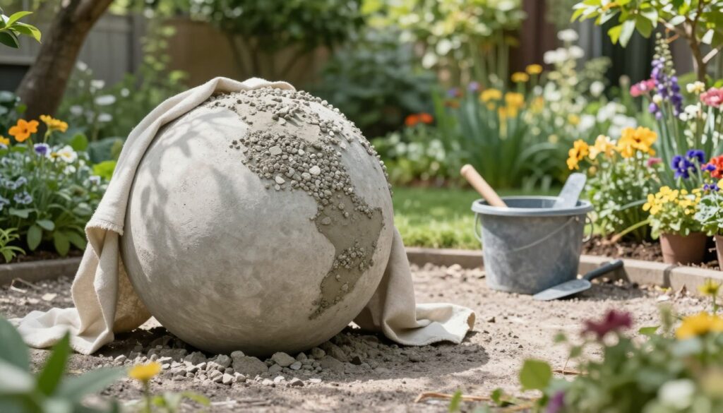A serene garden setting, showcasing a large, spherical garden decoration made of textured concrete and fabric. In the foreground, the concrete ball is partially completed, highlighting a mixture of cement, gravel, and fabric draped artistically around it. The middle ground features tools such as a mixing bucket and trowel, emphasizing the crafting process. Lush greenery and colorful flowers surround the scene, creating a vibrant atmosphere. Soft, natural sunlight filters through the trees, casting gentle shadows, while a shallow depth of field keeps the focus on the sphere and the materials. The overall mood is peaceful and creative, inviting the viewer to envision a hands-on gardening project.