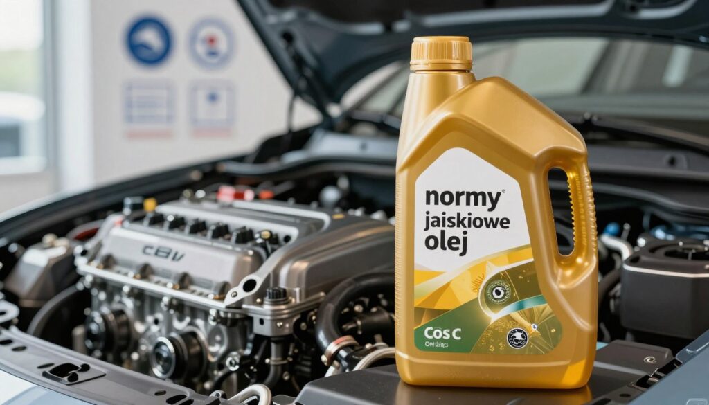 A streamlined automotive showcase focusing on engine oil quality standards. In the foreground, a clear glass bottle of bright, golden engine oil labeled "normy jakościowe olej," prominently displayed with its rich color catching the light. The middle features a sleek, modern engine block of an Opel Corsa C, glistening with detail, showcasing its mechanical precision. In the background, an abstract representation of quality certification symbols and icons subtly blend, enhancing the theme of standards and performance. Use soft natural light to create a professional atmosphere, emphasizing the importance of engine oil quality for automotive performance. The composition should adopt a slightly elevated angle, with a shallow depth of field to draw attention to the oil bottle and engine.