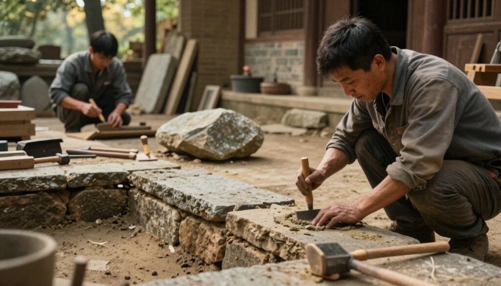 A traditional stone foundation repair scene, showcasing ancient techniques in a cozy, rustic setting. In the foreground, skilled craftsmen in professional work attire meticulously repairing a weathered stone foundation, using wooden tools and natural mortar. Their focused expressions convey dedication and expertise. The middle ground features an assortment of aged stones, demonstrating various sizes and textures, surrounded by tools commonly used in foundation work. In the background, a partially completed structure reveals how these techniques preserve historical architecture. Soft, warm lighting filters through trees, creating a calm and inviting atmosphere, with gentle shadows adding depth. The angle captures the craftsmanship at work, emphasizing the balance between tradition and skill.