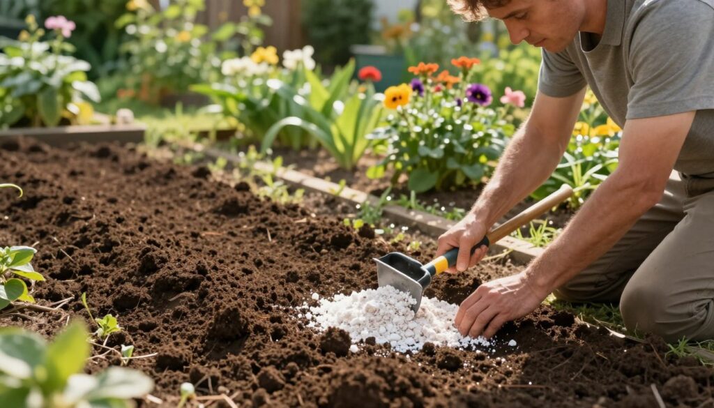 A tranquil garden scene depicting the process of soil liming. In the foreground, a gardener in modest casual clothing is kneeling to spread lime on rich, dark soil using a hand-held spreader. Their focused expression communicates care and attention. In the middle ground, freshly tilled soil is visible, with crumbled lime granules shining gently in the sunlight, emphasizing the nutrient enhancement. The background features lush green plants and vibrant flowers, indicating a healthy garden ecosystem. Soft, warm sunlight casts gentle shadows, creating a serene and inviting atmosphere. The overall composition captures a moment of natural beauty and agricultural wisdom, suitable for an educational context on soil treatment. A tranquil garden scene depicting the process of soil liming. In the foreground, a gardener in modest casual clothing is kneeling to spread lime on rich, dark soil using a hand-held spreader. Their focused expression communicates care and attention. In the middle ground, freshly tilled soil is visible, with crumbled lime granules shining gently in the sunlight, emphasizing the nutrient enhancement. The background features lush green plants and vibrant flowers, indicating a healthy garden ecosystem. Soft, warm sunlight casts gentle shadows, creating a serene and inviting atmosphere. The overall composition captures a moment of natural beauty and agricultural wisdom, suitable for an educational context on soil treatment.