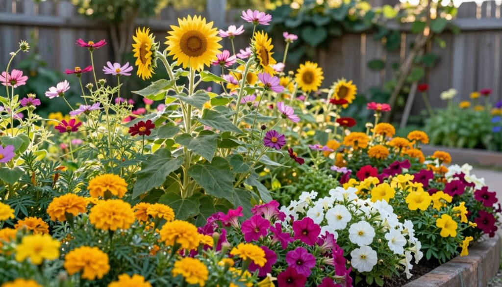 A vibrant garden scene filled with a variety of annual flowers, showcasing their vivid colors and diverse shapes. In the foreground, clusters of bright marigolds, cheerful petunias, and delicate zinnias create a lively patch of color. The middle section features taller sunflowers and cosmos swaying gently in the breeze, adding height and depth. The background is a softly blurred garden fence adorned with climbing vines, bathed in warm afternoon sunlight that casts gentle shadows. The overall mood is energetic and inviting, evoking the joy of a flourishing garden. Use a slightly tilted angle to create a dynamic composition, capturing the essence of a well-loved home garden. A vibrant garden scene filled with a variety of annual flowers, showcasing their vivid colors and diverse shapes. In the foreground, clusters of bright marigolds, cheerful petunias, and delicate zinnias create a lively patch of color. The middle section features taller sunflowers and cosmos swaying gently in the breeze, adding height and depth. The background is a softly blurred garden fence adorned with climbing vines, bathed in warm afternoon sunlight that casts gentle shadows. The overall mood is energetic and inviting, evoking the joy of a flourishing garden. Use a slightly tilted angle to create a dynamic composition, capturing the essence of a well-loved home garden.