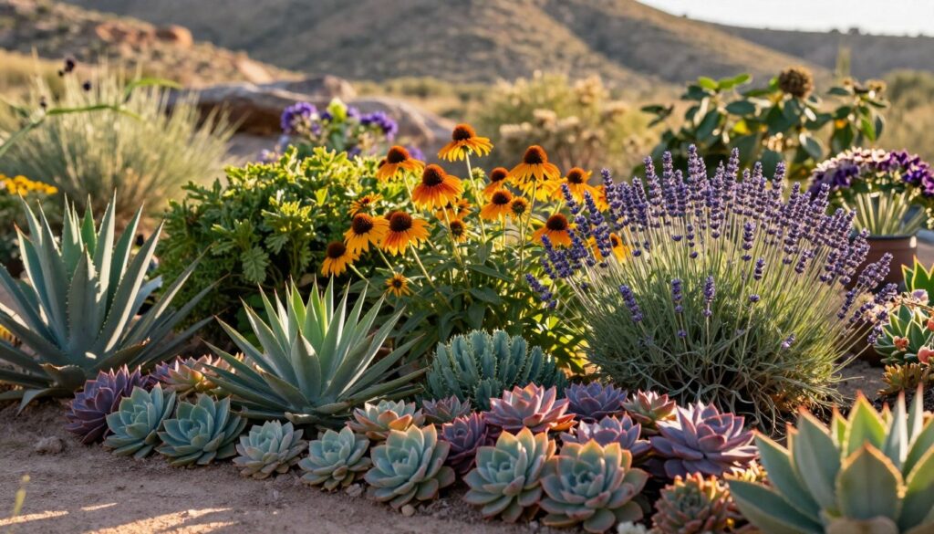 A vibrant, sunlit garden scene featuring a variety of drought-resistant plants. In the foreground, clusters of colorful succulents like Agave and Echeveria, with their unique shapes and textures, are highlighted. Moving into the middle ground, a selection of striking perennial flowers such as Lavender and Coneflower display their vivid blooms, surrounded by lush, hardy foliage. In the background, a softly blurred desert landscape with rocky outcroppings and rolling hills creates a warm, inviting atmosphere. The scene is bathed in golden hour sunlight, casting gentle, long shadows that enhance the textures of the plants. The overall mood is serene and refreshing, embodying resilience in a natural setting. A vibrant, sunlit garden scene featuring a variety of drought-resistant plants. In the foreground, clusters of colorful succulents like Agave and Echeveria, with their unique shapes and textures, are highlighted. Moving into the middle ground, a selection of striking perennial flowers such as Lavender and Coneflower display their vivid blooms, surrounded by lush, hardy foliage. In the background, a softly blurred desert landscape with rocky outcroppings and rolling hills creates a warm, inviting atmosphere. The scene is bathed in golden hour sunlight, casting gentle, long shadows that enhance the textures of the plants. The overall mood is serene and refreshing, embodying resilience in a natural setting.