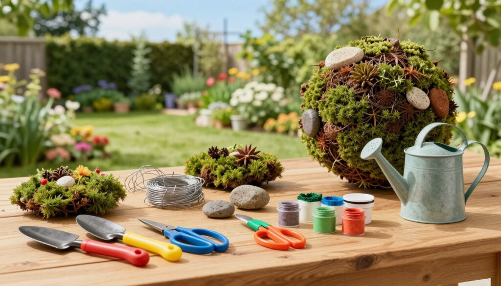 A well-arranged workspace showcasing essential materials for creating a large garden ball decoration. In the foreground, display colorful garden tools such as a trowel, scissors, and a watering can. In the middle, show an array of crafting materials like moss, stones, wire, and paint, artfully arranged on a wooden table. The background features a bright, sunlit garden scene with lush greenery, blooming flowers, and a clear blue sky. Use soft, natural lighting to create a warm, inviting atmosphere. Capture the image from a slightly elevated angle to emphasize the organized layout of the materials while also revealing the beautiful garden backdrop. This setup should inspire creativity and highlight the joy of garden decoration projects.