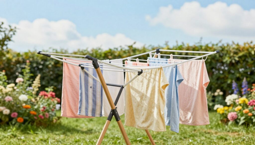 A well-designed garden clothes drying rack showcasing innovative ergonomics. In the foreground, focus on the drying rack featuring adjustable heights, with neatly hung colorful laundry fluttering in a gentle breeze. The middle ground includes a serene garden setting with lush green grass and blooming flowers, providing a vibrant backdrop. In the background, a clear blue sky with soft white clouds adds an airy feeling to the scene. The lighting should be natural and soft, highlighting the textures of the fabric and the wooden frame of the drying rack. The camera angle should be slightly elevated, capturing a wide view that emphasizes the practicality and accessibility of the drying rack while maintaining a warm and inviting atmosphere.