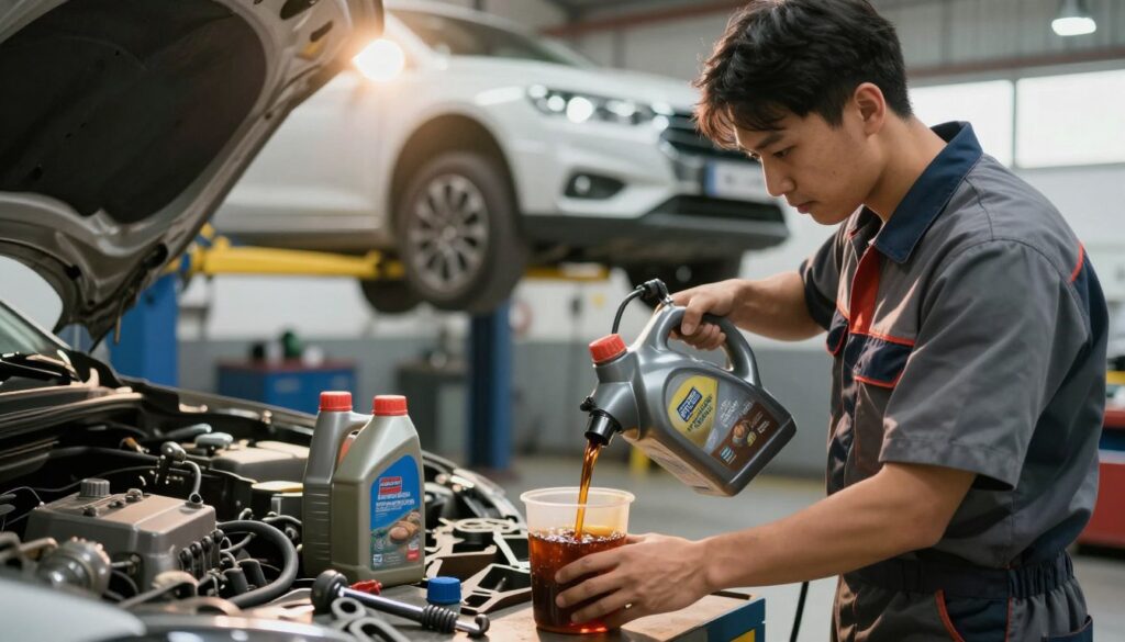 A well-lit automotive workshop scene featuring a skilled mechanic in professional attire, focused on the process of changing engine oil. In the foreground, the mechanic is using a modern oil extractor, with engine oil visibly flowing into a container, showcasing the oil's rich, dark color. In the middle ground, various tools and oil containers are neatly arranged on a workbench, emphasizing cleanliness and organization. The background displays a neatly parked car raised on a hydraulic lift, with bright overhead lights casting a warm glow, creating an inviting atmosphere. The overall mood conveys a sense of professionalism and diligence, highlighting the importance of regular oil changes for vehicle maintenance. A well-lit automotive workshop scene featuring a skilled mechanic in professional attire, focused on the process of changing engine oil. In the foreground, the mechanic is using a modern oil extractor, with engine oil visibly flowing into a container, showcasing the oil's rich, dark color. In the middle ground, various tools and oil containers are neatly arranged on a workbench, emphasizing cleanliness and organization. The background displays a neatly parked car raised on a hydraulic lift, with bright overhead lights casting a warm glow, creating an inviting atmosphere. The overall mood conveys a sense of professionalism and diligence, highlighting the importance of regular oil changes for vehicle maintenance.