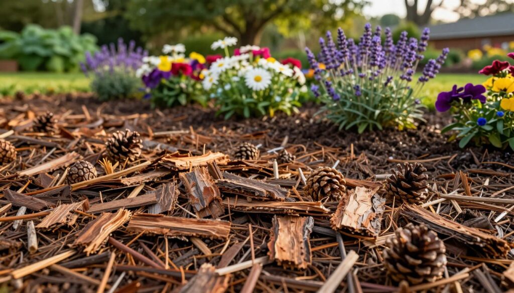 A well-maintained garden bed featuring fresh pine bark mulch in a natural landscape. In the foreground, showcase a close-up of the rich, textured pine bark with visible pinecones and small twigs mixed in. The middle ground depicts a neatly arranged flower bed, vibrant with blooming flowers like daisies and lavender, contrasting against the dark brown mulch. In the background, lush green foliage and trees provide a serene and inviting atmosphere. The lighting is warm and soft, reminiscent of late afternoon sunlight, creating gentle shadows that enhance the texture of the bark and the vivid colors of the flowers. The overall mood is peaceful and welcoming, encouraging garden enthusiasts to explore efficient landscaping techniques. A well-maintained garden bed featuring fresh pine bark mulch in a natural landscape. In the foreground, showcase a close-up of the rich, textured pine bark with visible pinecones and small twigs mixed in. The middle ground depicts a neatly arranged flower bed, vibrant with blooming flowers like daisies and lavender, contrasting against the dark brown mulch. In the background, lush green foliage and trees provide a serene and inviting atmosphere. The lighting is warm and soft, reminiscent of late afternoon sunlight, creating gentle shadows that enhance the texture of the bark and the vivid colors of the flowers. The overall mood is peaceful and welcoming, encouraging garden enthusiasts to explore efficient landscaping techniques.