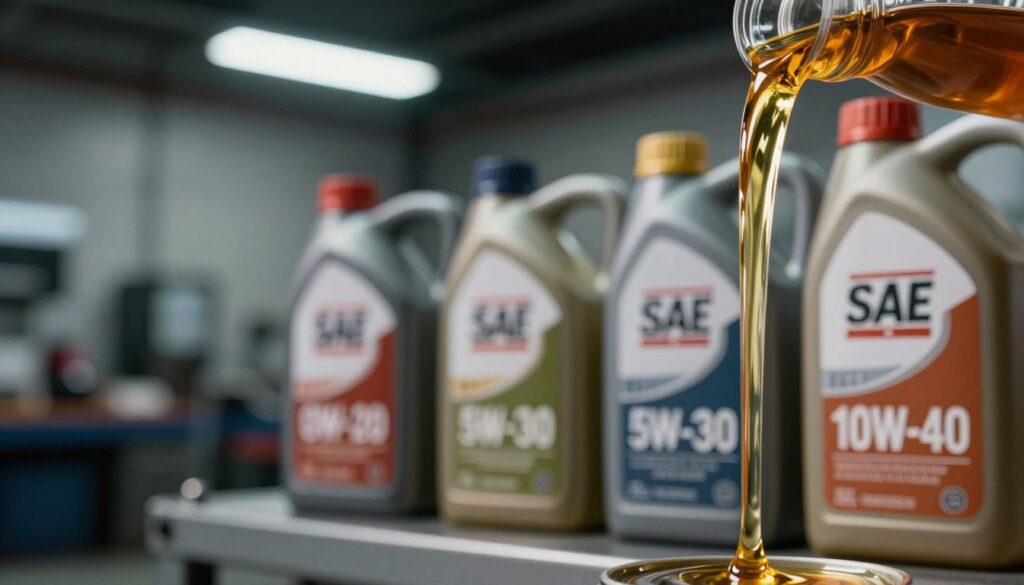 An abstract representation of oil viscosity with a focus on the SAE viscosity classification. In the foreground, a close-up of a slim, elegantly flowing stream of engine oil, showcasing its rich, golden hue and glossy surface. The middle ground features a blurred image of various SAE viscosity labels, such as 0W-20, 5W-30, and 10W-40, giving context to the viscosity measurements. In the background, a dimly lit automotive workshop, with soft overhead lighting highlighting tools and machinery, creating a professional atmosphere. Use a shallow depth of field to emphasize the oil stream while keeping the workshop subtly visible. The overall mood is informative and technical, inviting the viewer to understand the importance of oil viscosity in automotive maintenance. An abstract representation of oil viscosity with a focus on the SAE viscosity classification. In the foreground, a close-up of a slim, elegantly flowing stream of engine oil, showcasing its rich, golden hue and glossy surface. The middle ground features a blurred image of various SAE viscosity labels, such as 0W-20, 5W-30, and 10W-40, giving context to the viscosity measurements. In the background, a dimly lit automotive workshop, with soft overhead lighting highlighting tools and machinery, creating a professional atmosphere. Use a shallow depth of field to emphasize the oil stream while keeping the workshop subtly visible. The overall mood is informative and technical, inviting the viewer to understand the importance of oil viscosity in automotive maintenance.