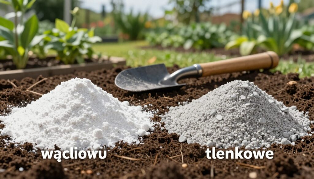 An informative and visually engaging image illustrating the differences between calcium carbonate (węglanowe) and calcium oxide (tlenkowe) for gardening applications. In the foreground, depict two distinct piles of agricultural lime: one with a fine, white powder representing calcium carbonate, and the other with a more granular, grayish texture symbolizing calcium oxide. In the middle ground, include a rustic wooden garden tool, such as a trowel, to indicate gardening context. In the background, create a lush garden scene with various plants and greenery, bathed in bright, natural daylight to enhance the freshness of the setting. Use a slightly elevated angle to present the layers clearly while conveying a calm and educational atmosphere. The overall mood should feel vibrant and informative, perfect for understanding soil amendments. An informative and visually engaging image illustrating the differences between calcium carbonate (węglanowe) and calcium oxide (tlenkowe) for gardening applications. In the foreground, depict two distinct piles of agricultural lime: one with a fine, white powder representing calcium carbonate, and the other with a more granular, grayish texture symbolizing calcium oxide. In the middle ground, include a rustic wooden garden tool, such as a trowel, to indicate gardening context. In the background, create a lush garden scene with various plants and greenery, bathed in bright, natural daylight to enhance the freshness of the setting. Use a slightly elevated angle to present the layers clearly while conveying a calm and educational atmosphere. The overall mood should feel vibrant and informative, perfect for understanding soil amendments.