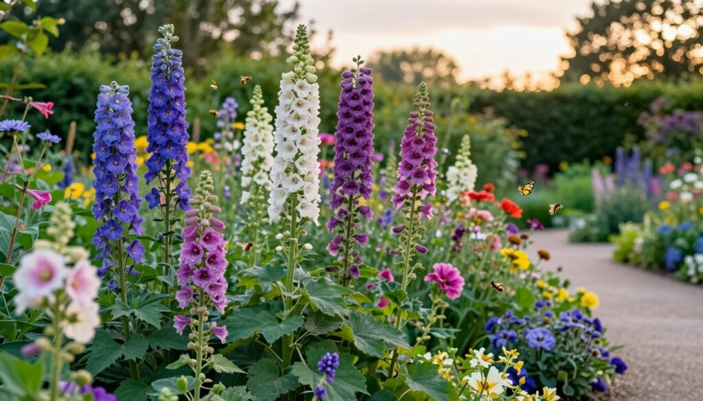 Tall perennial plants serve as a vibrant backdrop for a lush garden composition. Envision a serene garden scene with a variety of high, flowering perennials such as delphiniums, foxgloves, and hollyhocks, creating an elegant vertical layer. In the foreground, delicate bees and butterflies flutter around, enhancing the dynamic life of the scene. The middle ground features robust green foliage intertwined with colorful blooms, while the background reveals a soft-focus of an inviting garden path leading to a serene sky at golden hour, casting warm, natural light over the entire scene. The atmosphere is peaceful and inviting, perfect for garden enthusiasts, emphasizing the beauty and height of these perennials in a harmonious arrangement. Tall perennial plants serve as a vibrant backdrop for a lush garden composition. Envision a serene garden scene with a variety of high, flowering perennials such as delphiniums, foxgloves, and hollyhocks, creating an elegant vertical layer. In the foreground, delicate bees and butterflies flutter around, enhancing the dynamic life of the scene. The middle ground features robust green foliage intertwined with colorful blooms, while the background reveals a soft-focus of an inviting garden path leading to a serene sky at golden hour, casting warm, natural light over the entire scene. The atmosphere is peaceful and inviting, perfect for garden enthusiasts, emphasizing the beauty and height of these perennials in a harmonious arrangement.