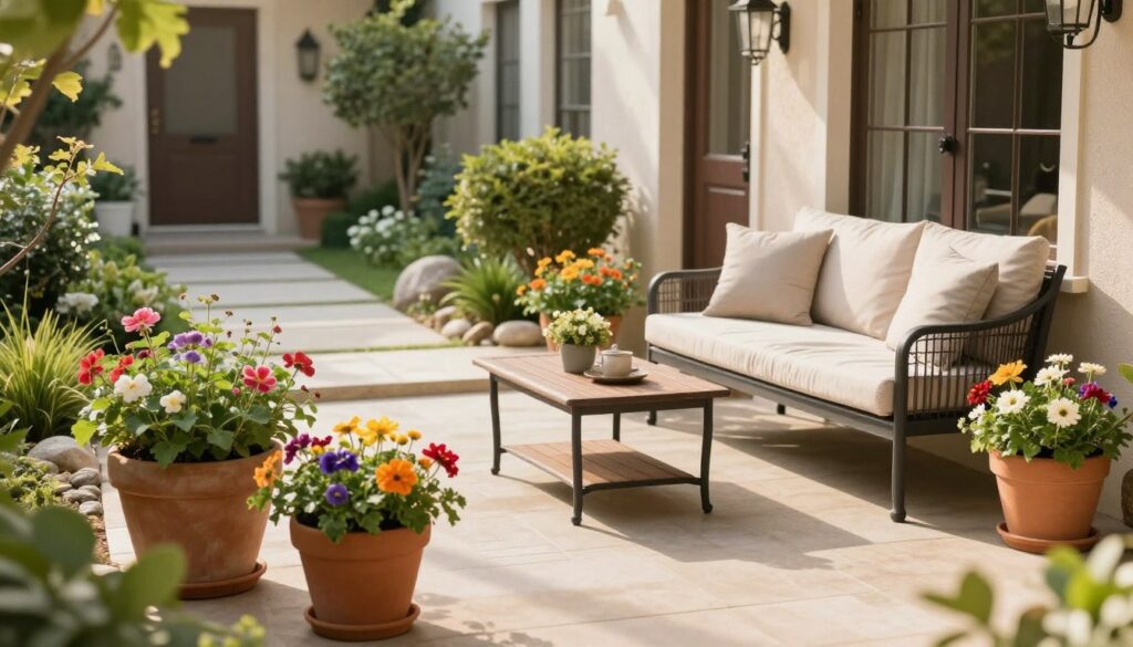A beautifully arranged entrance to a house featuring elegant planters and stylish furniture. In the foreground, vibrant flower pots with colorful blooms add a welcoming touch, placed beside a cozy outdoor bench adorned with soft cushions. In the middle ground, a small coffee table complements the seating area, creating an inviting space for outdoor relaxation. The background showcases a charming garden path lined with bushes and decorative stones leading to the front door, enhancing the overall aesthetic. Soft, warm sunlight filters through the leaves, casting gentle shadows and creating a tranquil atmosphere reminiscent of a serene garden retreat. The scene is captured from a slightly elevated angle to showcase the arrangement effectively, emphasizing both the planters and furniture in harmony with the entrance.