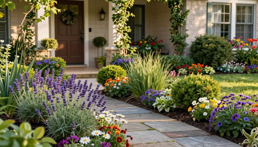 A beautifully landscaped home entrance featuring a variety of year-round flowering plants and greenery. In the foreground, there's a charming stone path lined with vibrant perennials such as lavender and daisies. The middle layer showcases well-pruned shrubs and ornamental grasses, providing texture and structure. In the background, a welcoming front door with a classic design is framed by cascading vines and colorful annuals, creating an inviting atmosphere. The scene is bathed in soft, warm afternoon sunlight, casting gentle shadows and highlighting the rich colors of the plants. Captured from a low angle to emphasize the lush garden beds, the overall mood conveys harmony and tranquility, ideal for a picturesque entryway.