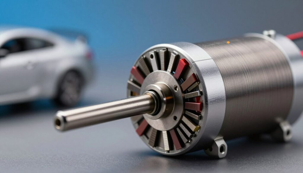 A close-up image of a brushed motor, showcasing its intricate components like the commutator, brushes, and rotor in vivid detail. The foreground features metallic textures and the glimmer of electric connections, illustrating the technical prowess of the motor. In the middle, a blurred automotive or electronic environment hints at the motor's application in various devices. The background is softly lit with a gradient of blue and gray to enhance the mechanical features, providing a sense of innovation and technology. The scene exudes a professional atmosphere, inviting viewers to appreciate the advantages of brushed motors. Soft, focused lighting accentuates the details, creating a mood of clarity and precision. A close-up image of a brushed motor, showcasing its intricate components like the commutator, brushes, and rotor in vivid detail. The foreground features metallic textures and the glimmer of electric connections, illustrating the technical prowess of the motor. In the middle, a blurred automotive or electronic environment hints at the motor's application in various devices. The background is softly lit with a gradient of blue and gray to enhance the mechanical features, providing a sense of innovation and technology. The scene exudes a professional atmosphere, inviting viewers to appreciate the advantages of brushed motors. Soft, focused lighting accentuates the details, creating a mood of clarity and precision.