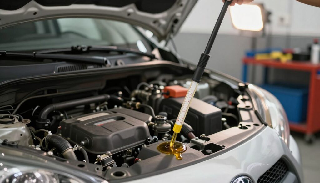 A close-up of a well-maintained Toyota Aygo 1.0 engine area, with the oil dipstick being pulled out prominently in the foreground, glistening with fresh oil. The background shows a neatly organized garage with automotive tools and a bright overhead light illuminating the scene. Soft, warm lighting enhances the clean surfaces of the engine and dipstick, creating a professional atmosphere. The composition should emphasize clarity and detail, showcasing the oil level marked on the dipstick. The image captures the essence of precision and automotive expertise, inviting viewers to explore the specifics of engine oil exchange for the Toyota Aygo, without any text or distractions. A close-up of a well-maintained Toyota Aygo 1.0 engine area, with the oil dipstick being pulled out prominently in the foreground, glistening with fresh oil. The background shows a neatly organized garage with automotive tools and a bright overhead light illuminating the scene. Soft, warm lighting enhances the clean surfaces of the engine and dipstick, creating a professional atmosphere. The composition should emphasize clarity and detail, showcasing the oil level marked on the dipstick. The image captures the essence of precision and automotive expertise, inviting viewers to explore the specifics of engine oil exchange for the Toyota Aygo, without any text or distractions.