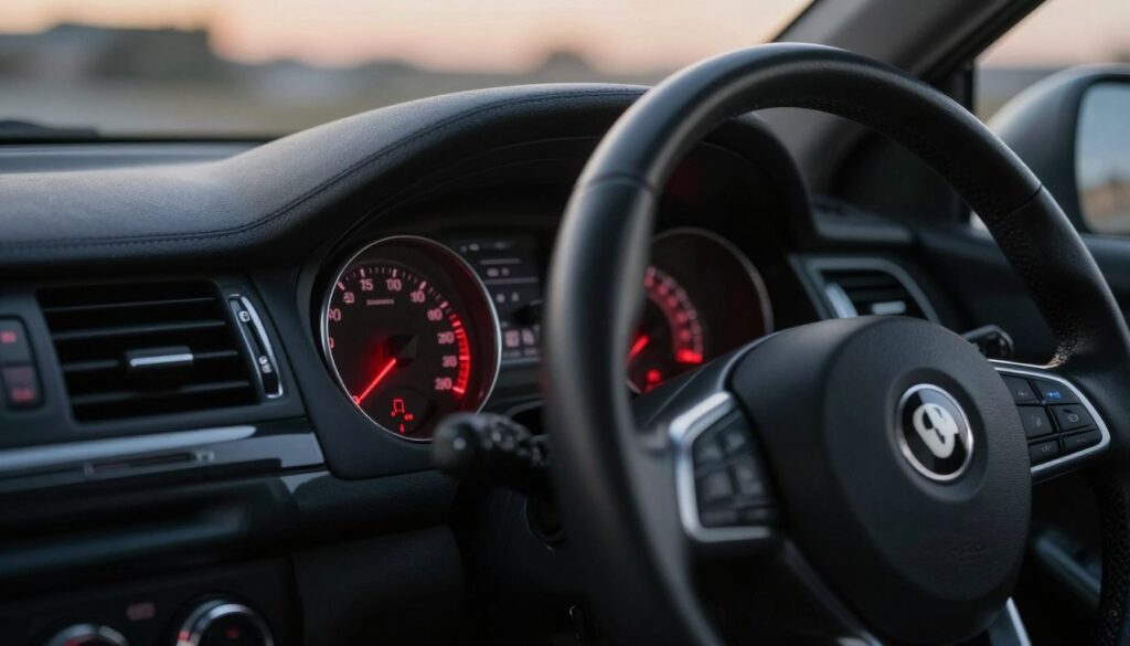 A close-up view of a car dashboard with the engine warning light illuminated in vibrant red, capturing the attention of the viewer. The foreground features a clear, detailed dashboard with modern gauges and controls, while the middle ground provides a blurred steering wheel and gear shift, adding depth. In the background, a subtle hint of a cityscape through the windshield, suggesting movement and urgency. The lighting is warm and slightly dim, with the red light of the warning symbol contrasting sharply against the darker dashboard. The overall atmosphere conveys a sense of concern and alertness, ideal for illustrating the question of driving with an engine warning light on.