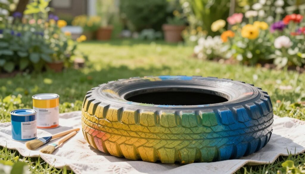 A close-up view of a colorful garden tire being prepared for painting. In the foreground, the tire is placed on a drop cloth with a few brushes and cans of weather-resistant paint nearby. The tire is clean, showcasing its unique texture, with a soft sheen where it has been scrubbed. In the middle ground, a gentle light filters through trees, casting dappled shadows on the scene, creating a serene and inviting atmosphere. The background features lush greenery and blooming flowers, emphasizing the garden setting. The overall mood is bright and cheerful, suggesting a fun DIY project. Capture this scene with a shallow depth of field to focus on the tire while softly blurring the garden elements in the background. A close-up view of a colorful garden tire being prepared for painting. In the foreground, the tire is placed on a drop cloth with a few brushes and cans of weather-resistant paint nearby. The tire is clean, showcasing its unique texture, with a soft sheen where it has been scrubbed. In the middle ground, a gentle light filters through trees, casting dappled shadows on the scene, creating a serene and inviting atmosphere. The background features lush greenery and blooming flowers, emphasizing the garden setting. The overall mood is bright and cheerful, suggesting a fun DIY project. Capture this scene with a shallow depth of field to focus on the tire while softly blurring the garden elements in the background.