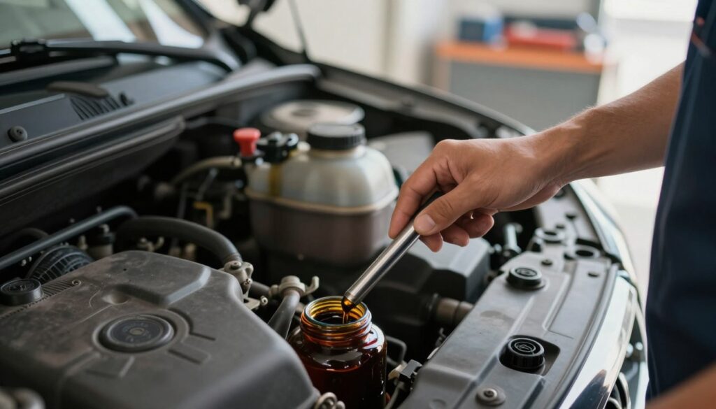 A close-up view of a person in professional attire checking the oil level using a dipstick in a car engine bay. The foreground features the person's hands grasping the dipstick, with the shiny metal reflecting light. The middle ground includes the engine components, with the oil reservoir clearly visible, and the rich, dark oil gleaming under soft, diffused sunlight. The background is slightly blurred, suggesting a garage environment with tools and car parts. The lighting is natural, creating a calm and focused atmosphere, emphasizing the importance of routine car maintenance. The angle is from above and slightly to the side, giving a detailed perspective on the oil level check process.