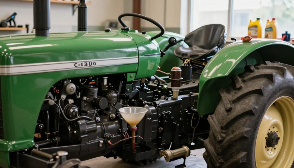 A close-up view of a vintage Ursus C-330 tractor in a well-lit workshop environment, focusing on the engine compartment. The tractor's engine should be partially exposed, with a small oil container or funnel placed nearby to signify the oil change process. In the background, various tools and oil-related items are scattered, indicating an active maintenance scene. Soft natural light streams in through a window, creating a warm atmosphere that highlights the tractor's iconic green color and the shininess of the oil. The image should evoke a sense of precision and care in engine maintenance, capturing the essence of thoroughly understanding lubricants for this specific tractor model. A close-up view of a vintage Ursus C-330 tractor in a well-lit workshop environment, focusing on the engine compartment. The tractor's engine should be partially exposed, with a small oil container or funnel placed nearby to signify the oil change process. In the background, various tools and oil-related items are scattered, indicating an active maintenance scene. Soft natural light streams in through a window, creating a warm atmosphere that highlights the tractor's iconic green color and the shininess of the oil. The image should evoke a sense of precision and care in engine maintenance, capturing the essence of thoroughly understanding lubricants for this specific tractor model.