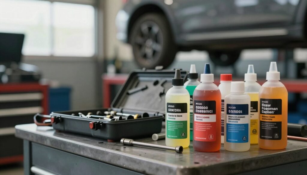 A close-up view of automotive power steering additives displayed on a workshop bench. In the foreground, several colorful bottles of additives with detailed labels, showcasing their unique qualities. In the middle, an open mechanic’s toolbox with tools scattered around, suggesting a hands-on repair environment. The background features a blurred image of a well-lit garage, highlighting car parts and a vehicle being serviced. Natural light filters through a window, creating a soft glow that enhances the details on the bottles and tools. The atmosphere is focused and technical, emphasizing the precision and importance of automotive maintenance. No text or branding visible; only the elements conveying the theme. A close-up view of automotive power steering additives displayed on a workshop bench. In the foreground, several colorful bottles of additives with detailed labels, showcasing their unique qualities. In the middle, an open mechanic’s toolbox with tools scattered around, suggesting a hands-on repair environment. The background features a blurred image of a well-lit garage, highlighting car parts and a vehicle being serviced. Natural light filters through a window, creating a soft glow that enhances the details on the bottles and tools. The atmosphere is focused and technical, emphasizing the precision and importance of automotive maintenance. No text or branding visible; only the elements conveying the theme.