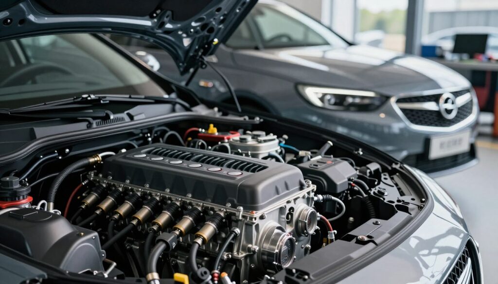 A close-up view of the Opel Insignia A's gasoline engine, showcasing its intricate design and engineering. The foreground features detailed components like the engine block, fuel injectors, and wiring, emphasizing the craftsmanship of the motor. In the middle ground, display the car's sleek silhouette, highlighting its distinctive features like the grille and headlights. The background features a softly blurred automotive workshop setting, with natural lighting illuminating the engine, creating an ambient atmosphere that conveys innovation and reliability. The scene captures a sense of sophistication and technical excellence, ideal for exploring the best gasoline engines in the Opel Insignia A model. A close-up view of the Opel Insignia A's gasoline engine, showcasing its intricate design and engineering. The foreground features detailed components like the engine block, fuel injectors, and wiring, emphasizing the craftsmanship of the motor. In the middle ground, display the car's sleek silhouette, highlighting its distinctive features like the grille and headlights. The background features a softly blurred automotive workshop setting, with natural lighting illuminating the engine, creating an ambient atmosphere that conveys innovation and reliability. The scene captures a sense of sophistication and technical excellence, ideal for exploring the best gasoline engines in the Opel Insignia A model.