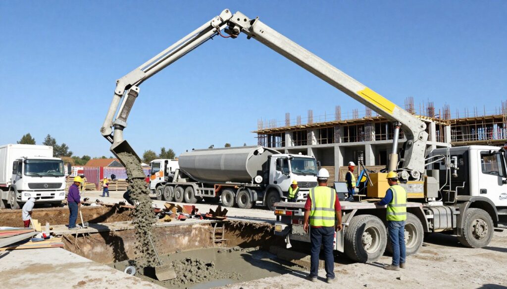 A construction site featuring a concrete pump in action, capturing the dynamic process of pouring concrete. In the foreground, the concrete pump stands prominently, with its long, articulated boom reaching towards a freshly dug foundation. Workers in hard hats and reflective vests are visible, coordinating the pour and operating machinery, adding a sense of teamwork and professionalism. The middle ground showcases trucks delivering concrete, while the background displays half-finished buildings under a clear blue sky. The lighting is bright and natural, highlighting the gritty textures of construction materials. The overall atmosphere conveys a sense of industriousness and purpose, illustrating the crucial role of the concrete pump in modern construction. A construction site featuring a concrete pump in action, capturing the dynamic process of pouring concrete. In the foreground, the concrete pump stands prominently, with its long, articulated boom reaching towards a freshly dug foundation. Workers in hard hats and reflective vests are visible, coordinating the pour and operating machinery, adding a sense of teamwork and professionalism. The middle ground showcases trucks delivering concrete, while the background displays half-finished buildings under a clear blue sky. The lighting is bright and natural, highlighting the gritty textures of construction materials. The overall atmosphere conveys a sense of industriousness and purpose, illustrating the crucial role of the concrete pump in modern construction.