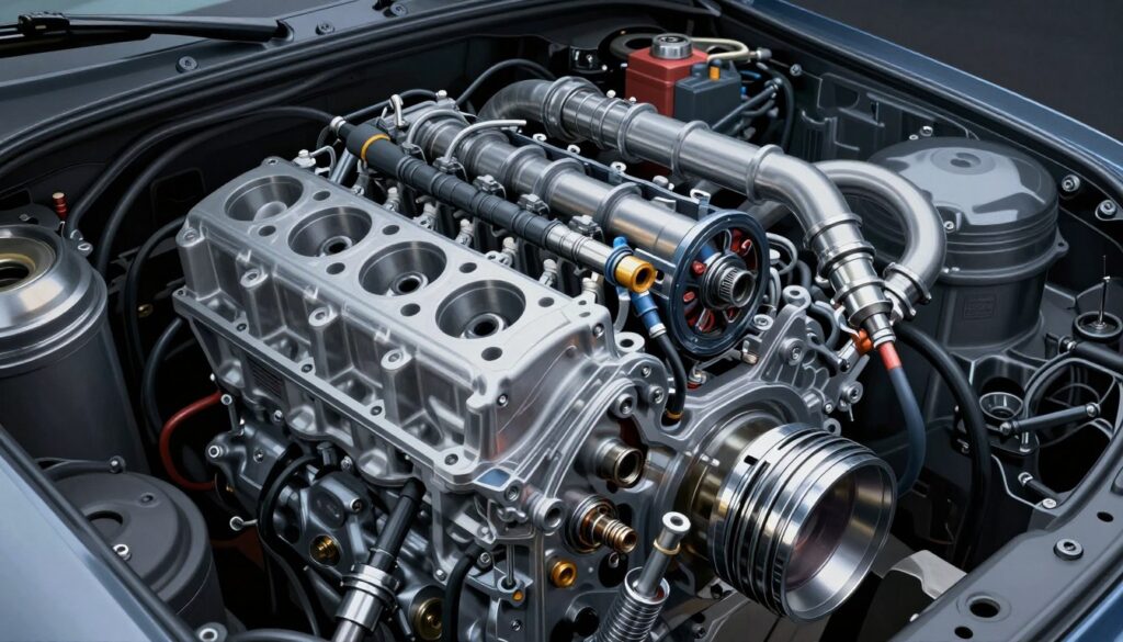 A detailed and dynamic illustration of a gasoline engine, showcasing its various components in a semi-transparent cutaway view. In the foreground, focus on key parts like the cylinder head, pistons, crankshaft, and ignition system, rendered with intricate mechanical details. In the middle ground, depict the intake and exhaust systems, along with fuel injectors, in a way that emphasizes their functions. In the background, provide a subtle representation of a car chassis, hinting at the engine's placement. Use dramatic lighting to highlight the metallic textures and reflections, creating a high-tech atmosphere. The angle should offer a slight top-down perspective, enhancing the viewer's understanding of how these components interact within the engine.
