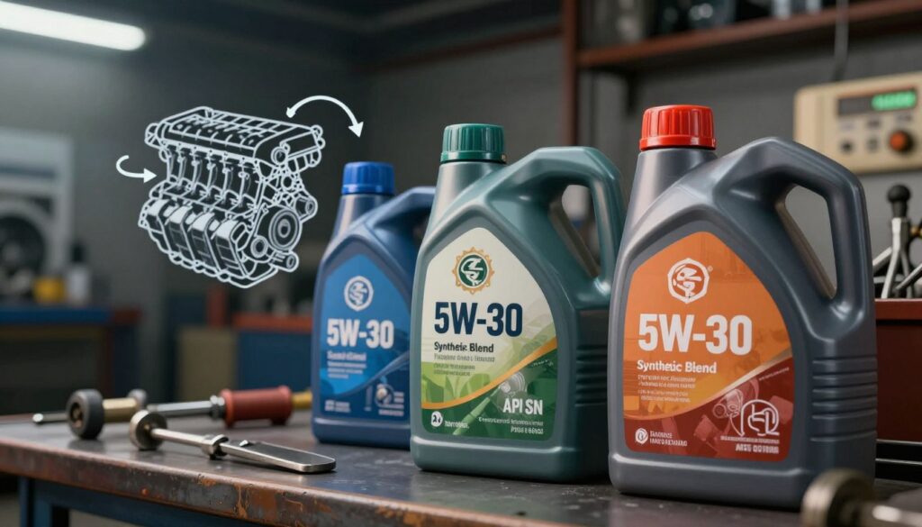A detailed and informative illustration of engine oil parameters, showcasing a variety of oil bottles labeled with key specifications such as viscosity ratings, API service classes, and synthetic versus conventional distinctions. The foreground features a close-up of several oil bottles with visually compelling labels that highlight their unique attributes, like "5W-30", "Synthetic Blend", and "API SN". In the middle ground, display an engine diagram subtly illustrating how oil flows through an engine, with arrows indicating movement. The background should be a soft-focus automotive workshop with tools and parts scattered, creating an industrious atmosphere. Use dramatic lighting to focus on the oil bottles, highlighting their glossy textures while maintaining a professional, informative mood. The angle should be slightly tilted, drawing the viewer's eye towards the various oil specifications.