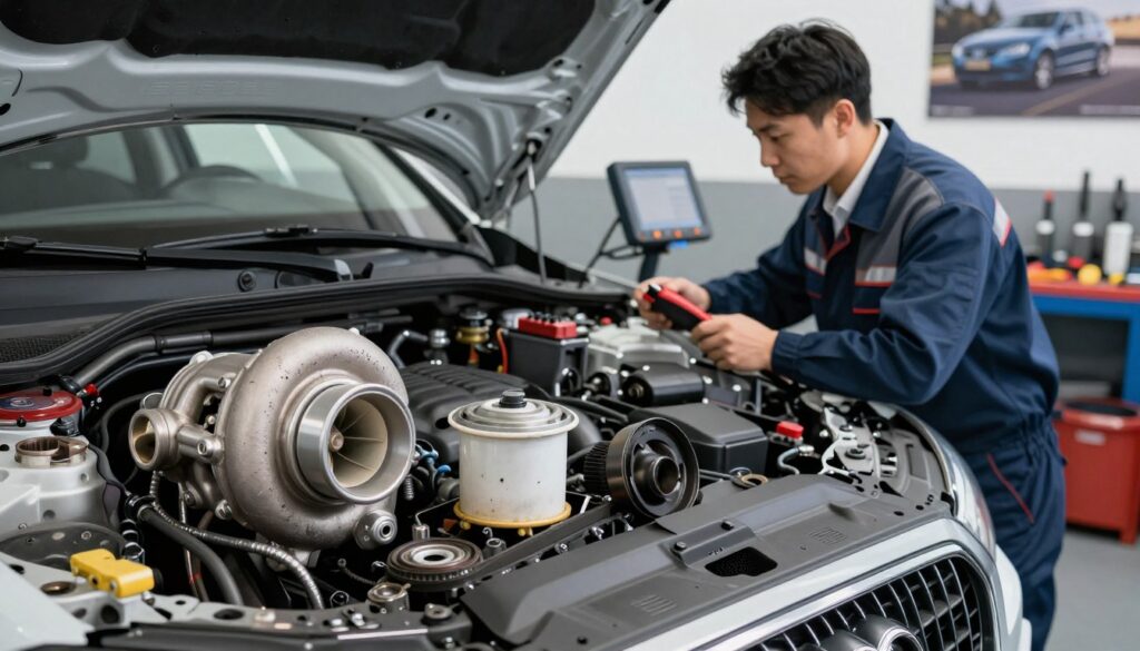 A detailed and informative image depicting common engine issues and repair costs for an Audi Q3. In the foreground, various engine components such as a turbocharger, timing belt, and oil filter are prominently featured, showcasing signs of wear and tear. The middle ground displays a mechanic in professional business attire examining an Audi Q3 engine with diagnostic tools, symbolizing the repair process. In the background, a garage setting emphasizes a professional atmosphere, with automotive posters and tools neatly arranged. The lighting is bright, highlighting the details of the engine components, and the perspective is slightly angled, providing depth to the scene. The overall mood is educational and focused, capturing the essence of typical engine failures and their implications. A detailed and informative image depicting common engine issues and repair costs for an Audi Q3. In the foreground, various engine components such as a turbocharger, timing belt, and oil filter are prominently featured, showcasing signs of wear and tear. The middle ground displays a mechanic in professional business attire examining an Audi Q3 engine with diagnostic tools, symbolizing the repair process. In the background, a garage setting emphasizes a professional atmosphere, with automotive posters and tools neatly arranged. The lighting is bright, highlighting the details of the engine components, and the perspective is slightly angled, providing depth to the scene. The overall mood is educational and focused, capturing the essence of typical engine failures and their implications.