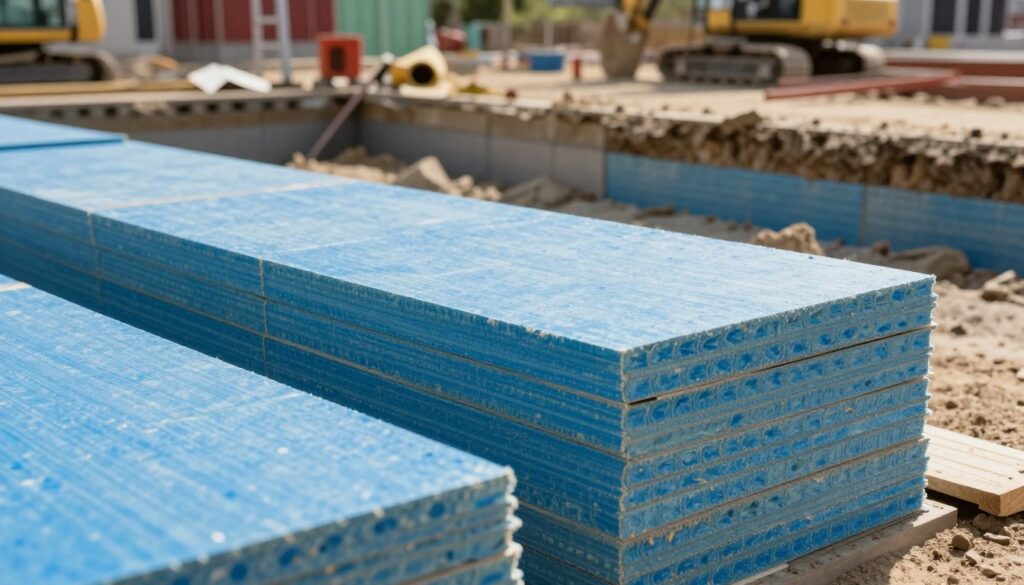 A detailed and realistic image of Styrodur XPS insulation boards used for foundation insulation below ground. In the foreground, showcase several blue Styrodur XPS panels neatly stacked and partially cut, emphasizing their textured surface and edges. In the middle ground, depict an excavated area revealing a foundation wall, with the Styrodur XPS being installed along the wall's base. The background features a construction site with earth moved, tools, and machinery, subtly blurred to maintain focus on the insulation material. Use soft, natural lighting to create a professional atmosphere, with a warm tone that suggests a sunny day. The camera angle should be slightly elevated, capturing a comprehensive view of the insulation process while maintaining clarity and emphasis on the XPS panels. A detailed and realistic image of Styrodur XPS insulation boards used for foundation insulation below ground. In the foreground, showcase several blue Styrodur XPS panels neatly stacked and partially cut, emphasizing their textured surface and edges. In the middle ground, depict an excavated area revealing a foundation wall, with the Styrodur XPS being installed along the wall's base. The background features a construction site with earth moved, tools, and machinery, subtly blurred to maintain focus on the insulation material. Use soft, natural lighting to create a professional atmosphere, with a warm tone that suggests a sunny day. The camera angle should be slightly elevated, capturing a comprehensive view of the insulation process while maintaining clarity and emphasis on the XPS panels.