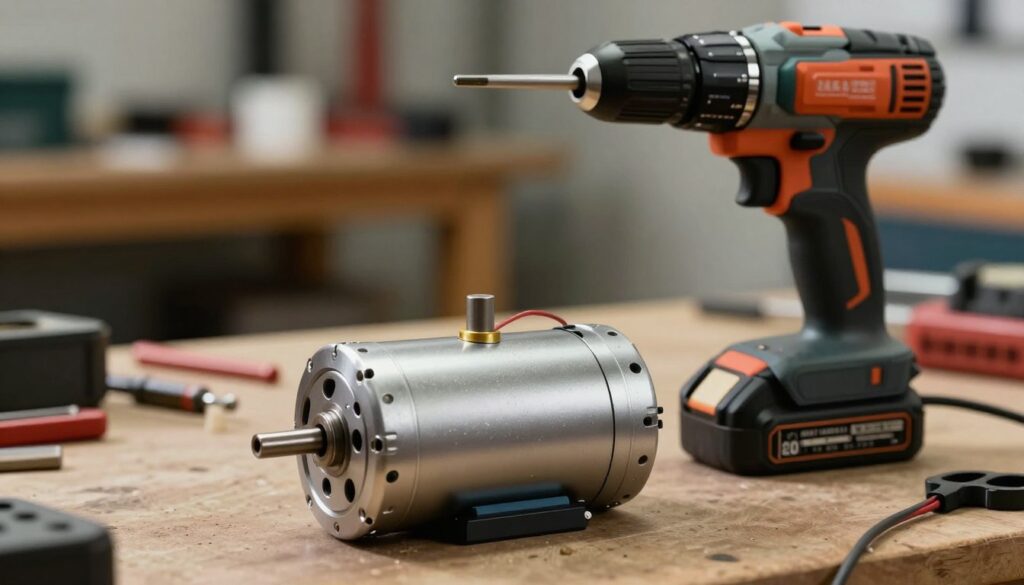 A detailed and technical representation of a brushless motor commonly found in power tools. In the foreground, showcase the motor intricately designed with visible components such as the rotor, stator, and wiring, highlighting its compact and efficient design. In the middle ground, depict a power tool, like a cordless drill, that employs this brushless technology, emphasizing its ergonomic features and battery pack. The background features a blurred workshop environment, filled with tools and workbenches, creating an authentic atmosphere of craftsmanship. Use soft, diffused lighting to enhance the motor’s metallic textures and emphasize the innovation behind brushless technology. Capture the image from a slightly elevated angle to provide a comprehensive view, ensuring a professional and informative aesthetic. A detailed and technical representation of a brushless motor commonly found in power tools. In the foreground, showcase the motor intricately designed with visible components such as the rotor, stator, and wiring, highlighting its compact and efficient design. In the middle ground, depict a power tool, like a cordless drill, that employs this brushless technology, emphasizing its ergonomic features and battery pack. The background features a blurred workshop environment, filled with tools and workbenches, creating an authentic atmosphere of craftsmanship. Use soft, diffused lighting to enhance the motor’s metallic textures and emphasize the innovation behind brushless technology. Capture the image from a slightly elevated angle to provide a comprehensive view, ensuring a professional and informative aesthetic.