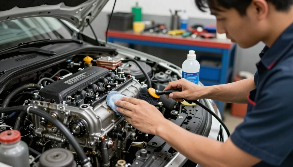 A detailed automotive cleaning scene showcasing the differences between washing a gasoline engine and a diesel engine. In the foreground, a skilled technician in a professional mechanic's uniform meticulously cleans a gasoline engine with a brush and a gentle cleaning solution, highlighting the engine's intricate components. In the middle, a contrasting diesel engine sits nearby, showing signs of soot and oil residue, with a specialized cleaning product prepared for use. The background features an organized workshop with tools and equipment neatly arranged. Soft, diffused lighting illuminates the workshop, creating a professional atmosphere while emphasizing the textures of the engines. The camera angle is slightly low, focusing on both engines to depict their differences clearly, evoking a sense of expertise and care in automotive maintenance. A detailed automotive cleaning scene showcasing the differences between washing a gasoline engine and a diesel engine. In the foreground, a skilled technician in a professional mechanic's uniform meticulously cleans a gasoline engine with a brush and a gentle cleaning solution, highlighting the engine's intricate components. In the middle, a contrasting diesel engine sits nearby, showing signs of soot and oil residue, with a specialized cleaning product prepared for use. The background features an organized workshop with tools and equipment neatly arranged. Soft, diffused lighting illuminates the workshop, creating a professional atmosphere while emphasizing the textures of the engines. The camera angle is slightly low, focusing on both engines to depict their differences clearly, evoking a sense of expertise and care in automotive maintenance.